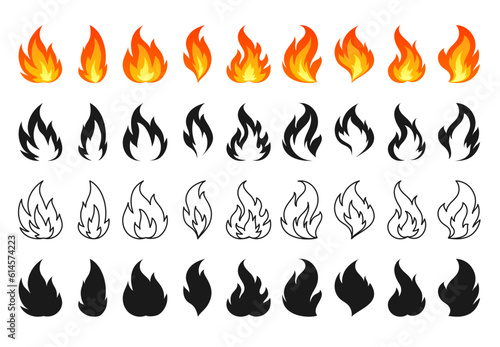 Cartoon campfire icon set in flat, black silhouette, line style. Red hot flame isolated on white. Bright fiery heat flames wildfire and bonfire, burn power. Various shape blazing fire emoticon