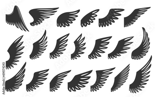 Wings with long feather. Heraldic vintage army insignia emblem falcon phoenix hawk. Angel or bird wing flat black icon set. Aviation pilot patch badge. Flying winged frame. Biker logo stencil stamp