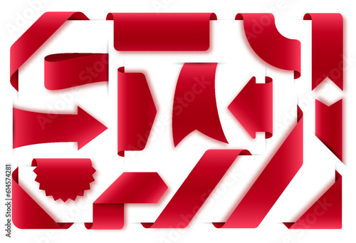 Sale label collection. Best choice red ribbon banners. New product price tag. Clearance retail note template. Promotional premium quality header sticker. Special offer message corner design element