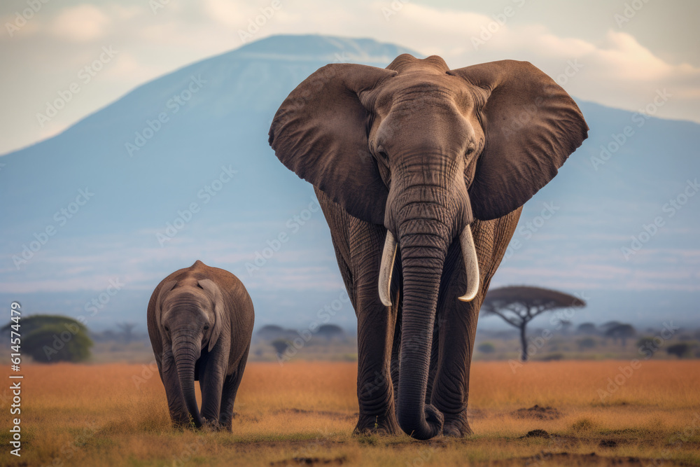 African elephant with young with the backdrop of Mount Kilimanjaro