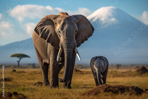 African elephant with young with the backdrop of Mount Kilimanjaro