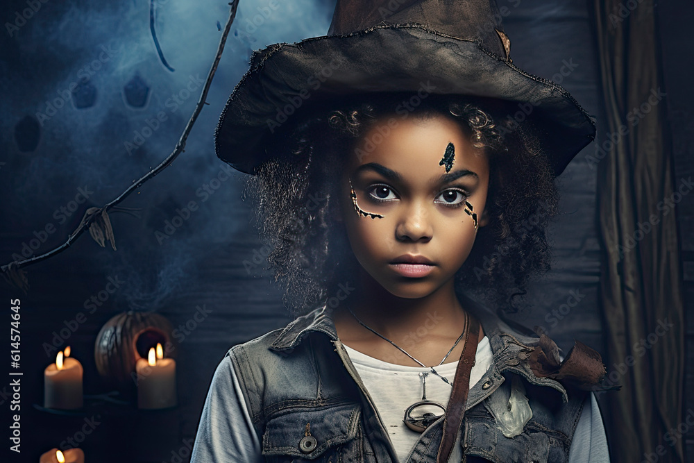 Young girl in pirate explorer costume with copy space created with