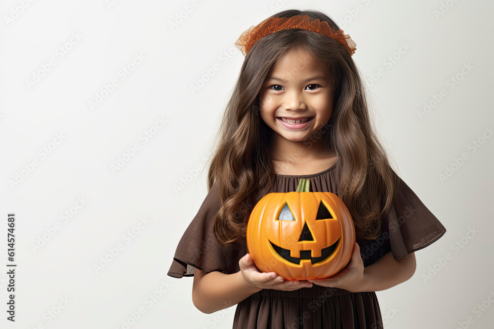 Smiling young girl in Halloween costume holding happy jack-o-lantern with copy space created with Generative AI technology
