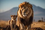 Lion and cub with backdrop of Mount Kilimanjaro 