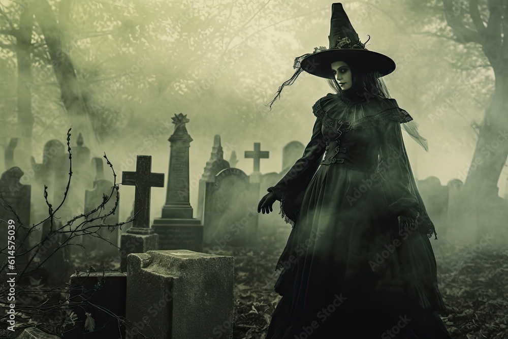 Halloween dark gothic witch standing in a cemetery created with Generative AI technology Halloween dark gothic witch standing in a cemetery created with Generative AI technology
