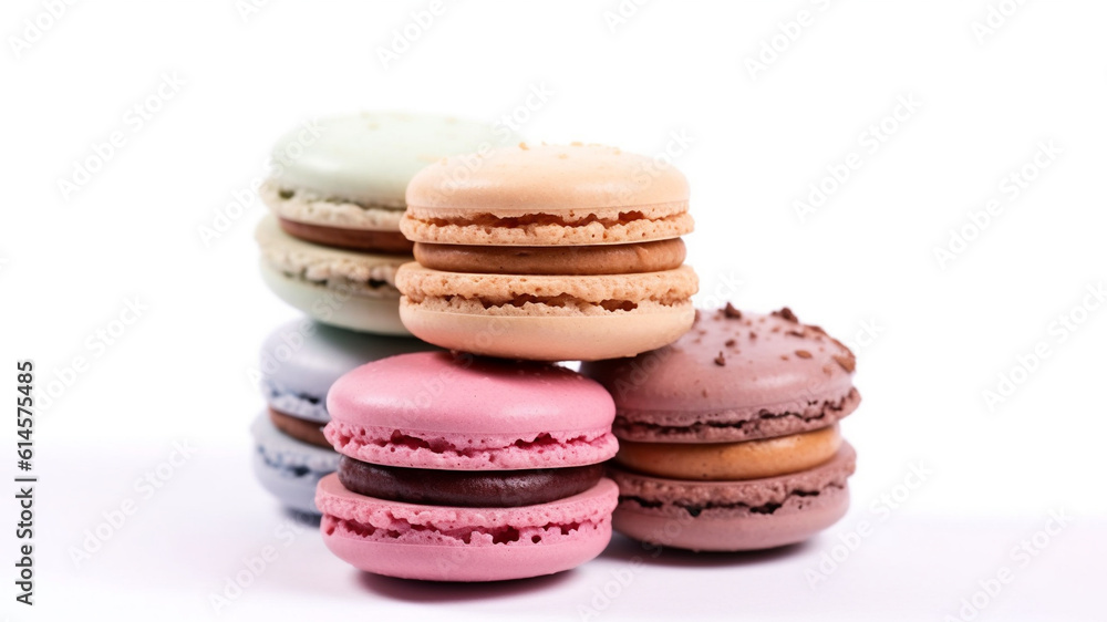 Macaron cookies on a white background. Cake macaroon, a sweet and colorful dessert. Ai generative Macaron cookies on a white background. Cake macaroon, a sweet and colorful dessert. Ai generative