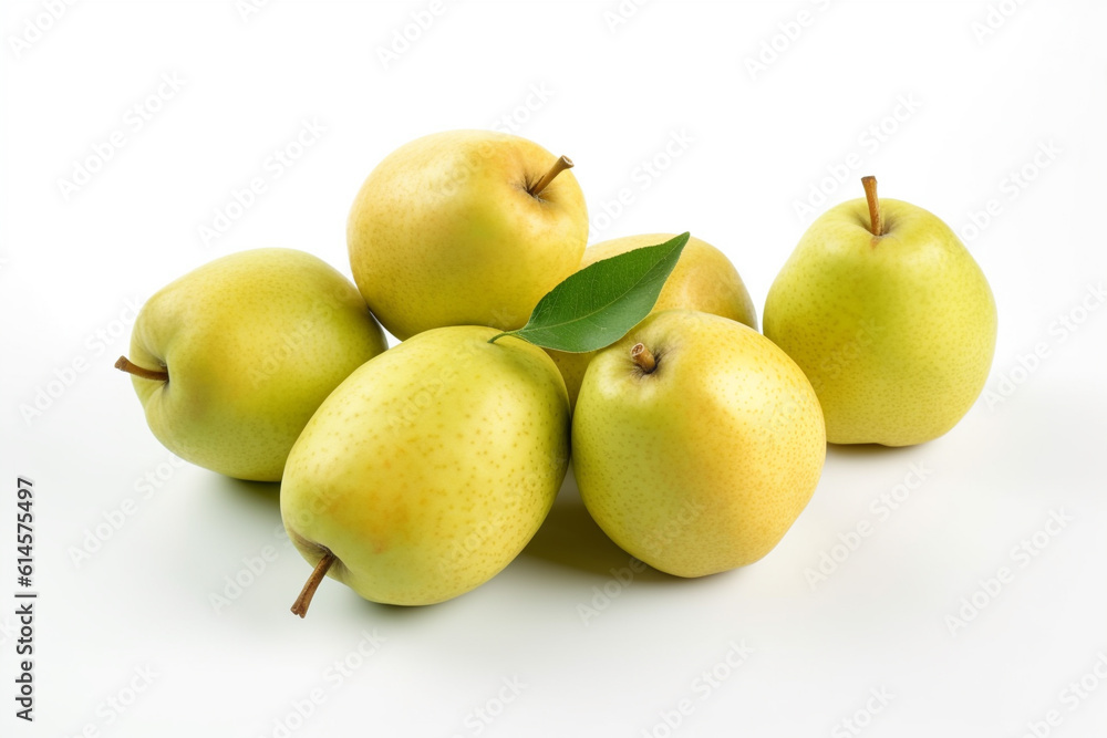 Ripe pears with leaf on a white background. Fresh pear fruit. Ai generative. Ripe pears with leaf on a white background. Fresh pear fruit. Ai generative.