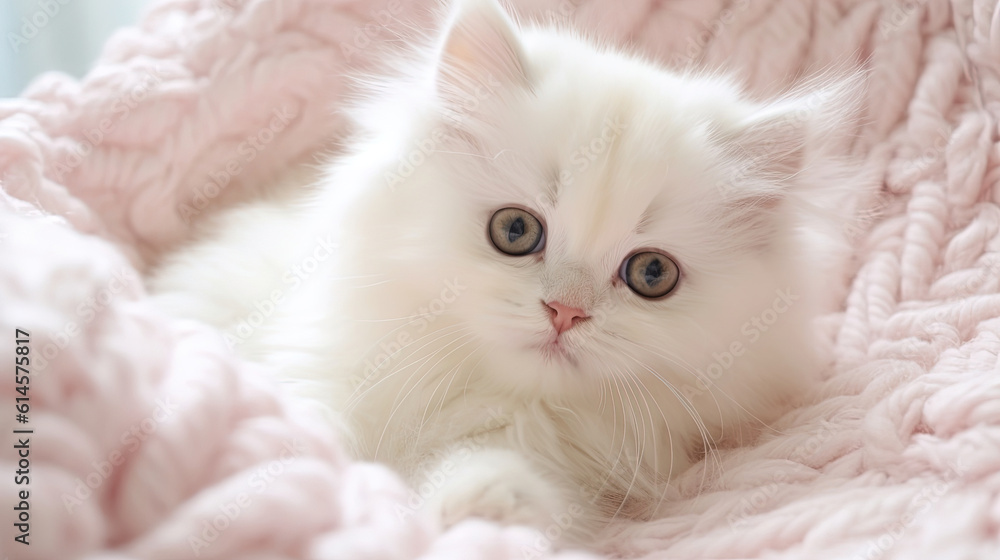 A cute little fluffy white kitten lying on a blanket A cute little fluffy white kitten lying on a blanket