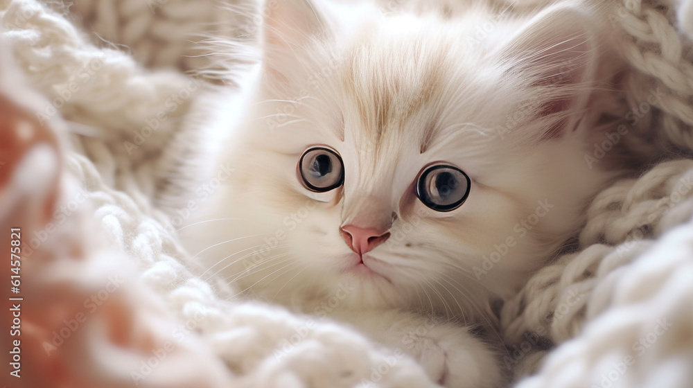 A cute little fluffy white kitten lying on a blanket A cute little fluffy white kitten lying on a blanket