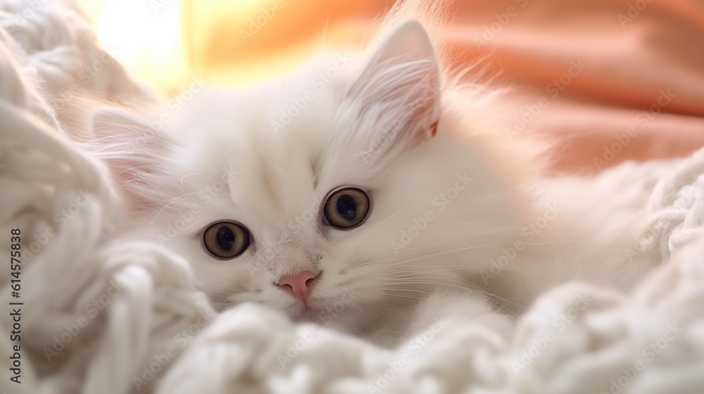 A cute little fluffy white kitten lying on a blanket
