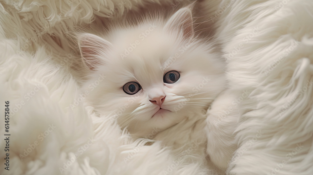 A cute little fluffy white kitten lying on a blanket A cute little fluffy white kitten lying on a blanket