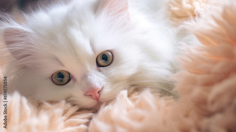 A cute little fluffy white kitten lying on a blanket A cute little fluffy white kitten lying on a blanket