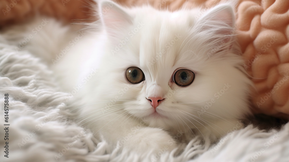 A cute little fluffy white kitten lying on a blanket A cute little fluffy white kitten lying on a blanket