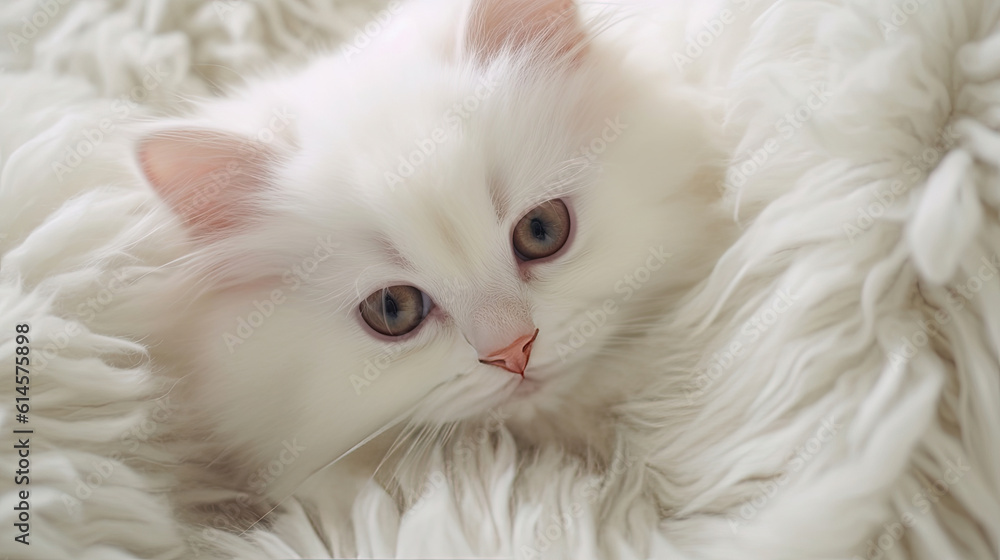 Fototapeta premium A cute little fluffy white kitten lying on a blanket