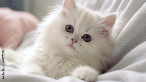 A cute little fluffy white kitten lying on a blanket © Absent Satu