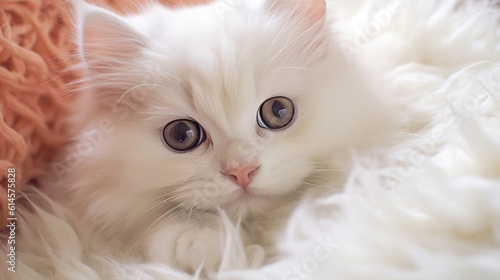 A cute little fluffy white kitten lying on a blanket © Absent Satu