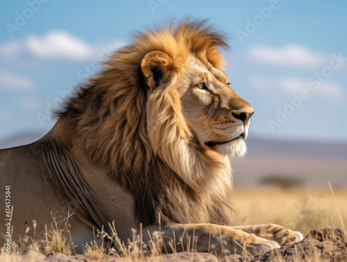 male lion watching over savannah