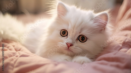 A cute little fluffy white kitten lying on a blanket