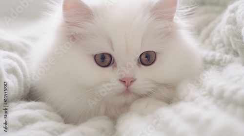 A cute little fluffy white kitten lying on a blanket