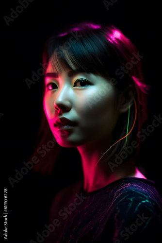 Portrait of beautiful Asian woman in a fashionable cloth around colourful bright neon uv lights. Generative AI. © Kenishirotie