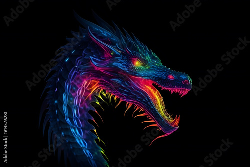 Neon light oriental dragon illustration. Generative AI © Kenishirotie