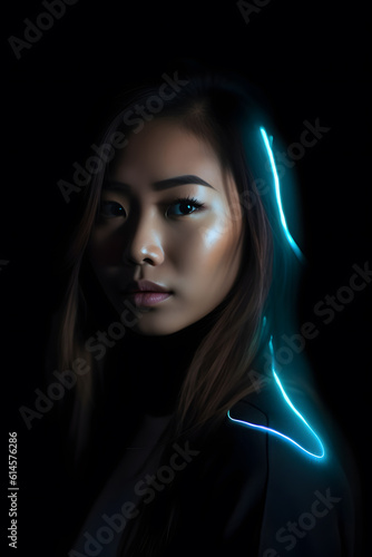 Portrait of beautiful Asian woman in a fashionable cloth around colourful bright neon uv lights. Generative AI.