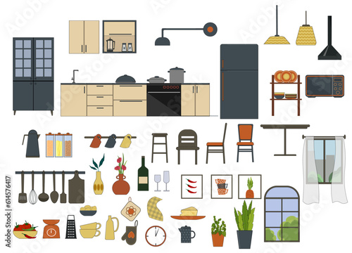 Set of elements for kitchen interior design. Kitchen furniture, table and chairs, refrigerator, shelves and cupboards with utensils. Vector. For the design of flyers, booklets and furniture stores