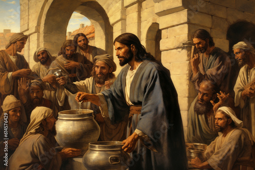 Jesus Christ turns water into wine. Religion Bible. History. During a wedding in Cana of Galilee, Jesus, at Mary's request, transforms approximately 120 gallons of water into wine.