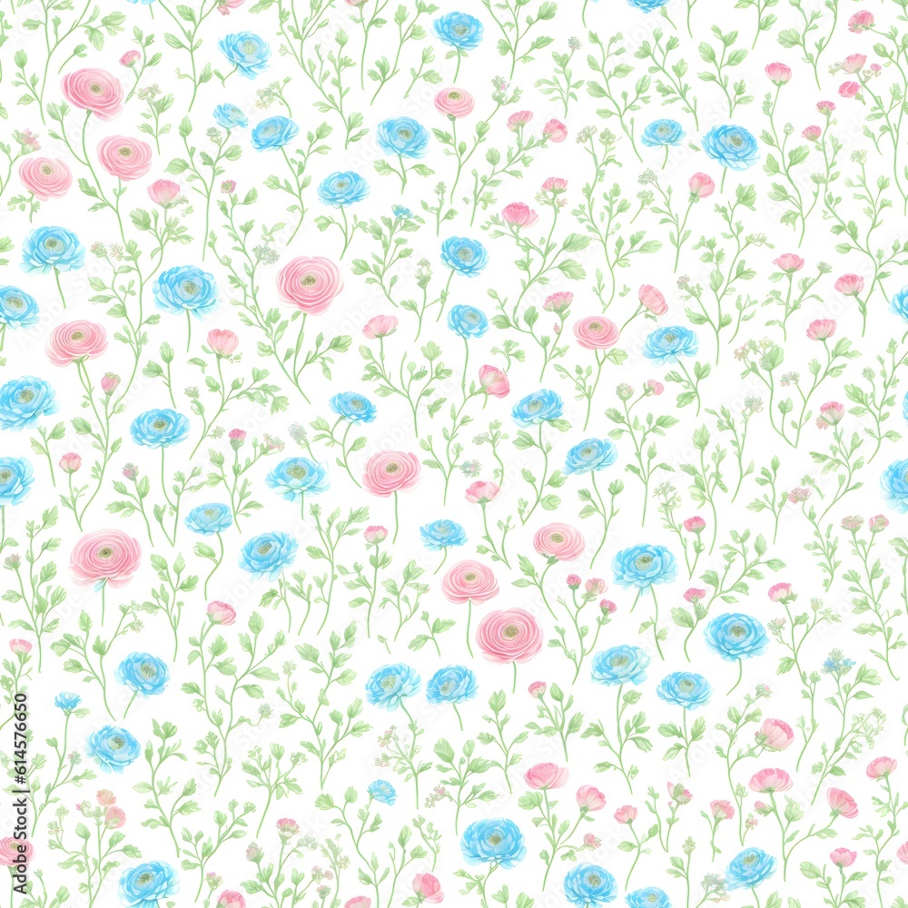 Ranunculus flower. Vintage seamless floral pattern. Background of small flowers. Small flowers scattered over a background. Stock for printing on surfaces. Realistic flowers. Generative AI. 