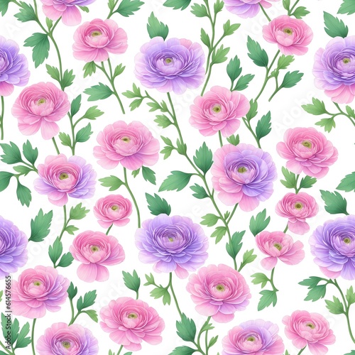 Ranunculus flower. Vintage seamless floral pattern. Background of small flowers. Small flowers scattered over a background. Stock for printing on surfaces. Realistic flowers. Generative AI.  © 360VP