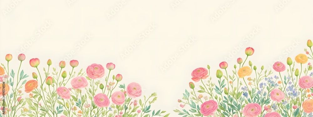 Ranunculus flower. Floral frame wreath of pink ranunculus flower buds and eucalyptus on white background. Flat lay, top view mockup. Frame of flowers. Generative AI. 