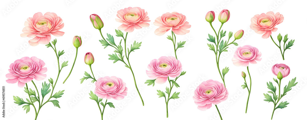 Ranunculus flower. Vintage seamless floral pattern. Background of small flowers. Small flowers scattered over a background. Stock for printing on surfaces. Realistic flowers. Generative AI. 