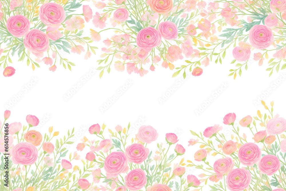 Ranunculus flower. Floral frame wreath of pink ranunculus flower buds and eucalyptus on white background. Flat lay, top view mockup. Frame of flowers. Generative AI. Ranunculus flower. Floral frame wreath of pink ranunculus flower buds and eucalyptus on white background. Flat lay, top view mockup. Frame of flowers. Generative AI.
