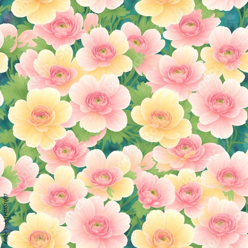 Ranunculus flower. Vintage seamless floral pattern. Background of small flowers. Small flowers scattered over a background. Stock for printing on surfaces. Realistic flowers. Generative AI. © 360VP