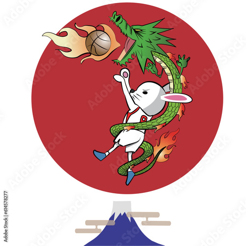 龍が如く活躍しシュートを決めるウサギのバスケットボール選手