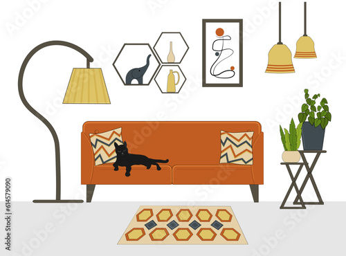 Living room interior. Sofa with cat, carpet and pillows. Plants in pots. Figurines and vase with flowers. Abstract painting on the wall. Modern design. Vector. For advertising flyers, furniture stores