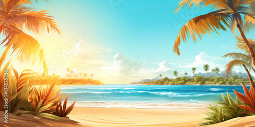 Summer Banner - Sunny Sand With Palm Leaves In Tropical Beach. Generative AI.