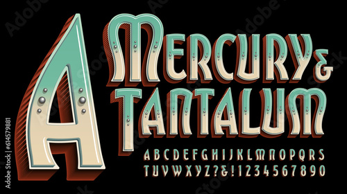 Mercury and Tantalum is an ornate antique style alphabet with a modern twist. Unique letterforms with a circus, carnival, Victorian, old west, tattoo parlor, or boutique sign painter's vibe.