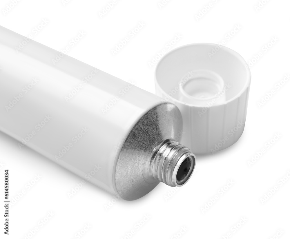 Open tube of ointment isolated on white, closeup. Space for text Open tube of ointment isolated on white, closeup. Space for text