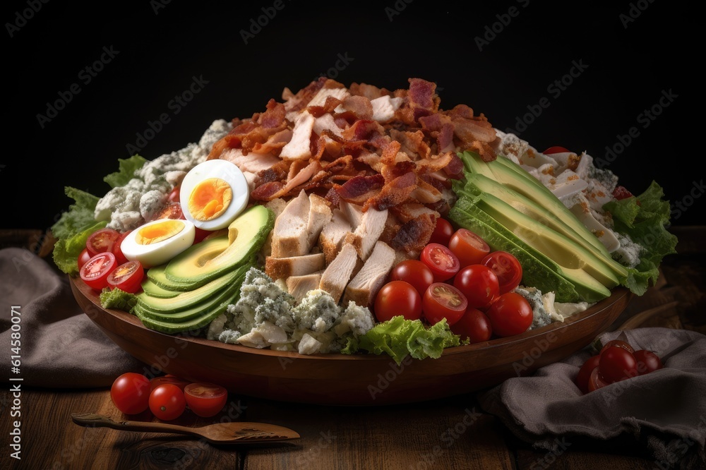 Cobb Salad Lettuce Egg Bacon Turkey Avocado Blue Cheese Cherry Tomato Red Onion Dressing in Bowl Background Image Cobb Salad Lettuce Egg Bacon Turkey Avocado Blue Cheese Cherry Tomato Red Onion Dressing in Bowl Background Image