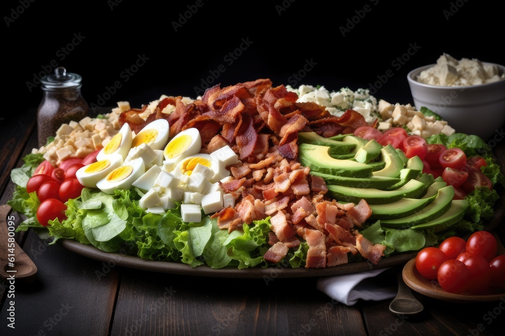 Cobb Salad Lettuce Egg Bacon Turkey Avocado Blue Cheese Cherry Tomato Red Onion Dressing in Bowl Background Image