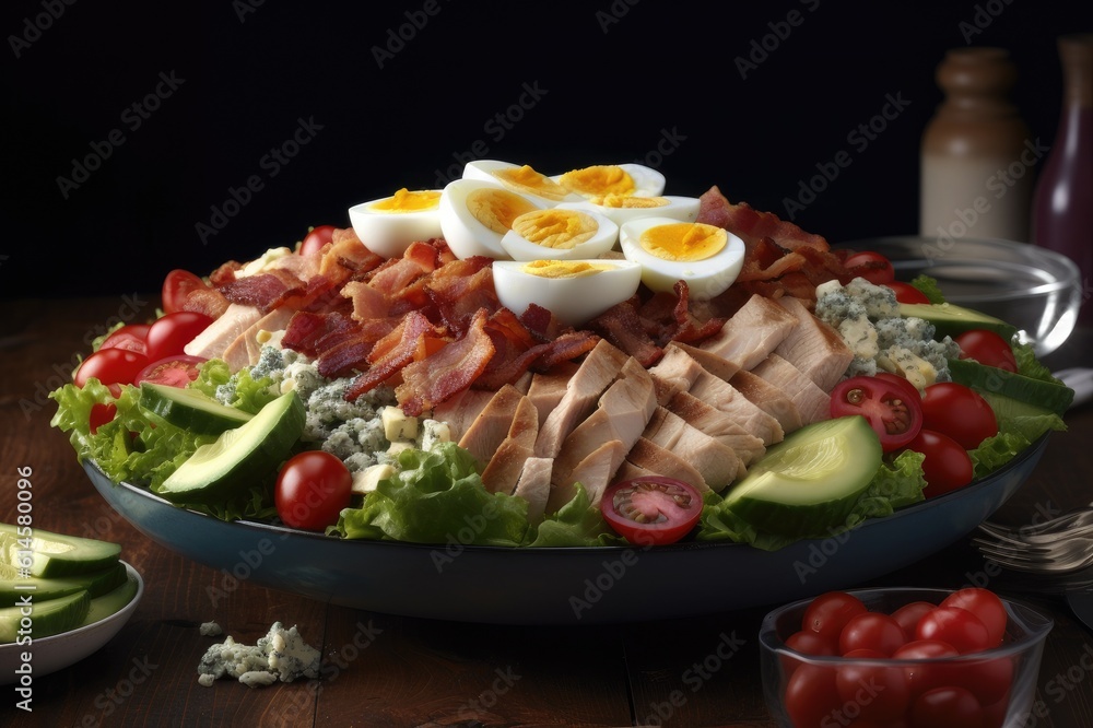Cobb Salad Lettuce Egg Bacon Turkey Avocado Blue Cheese Cherry Tomato Red Onion Dressing in Bowl Background Image Cobb Salad Lettuce Egg Bacon Turkey Avocado Blue Cheese Cherry Tomato Red Onion Dressing in Bowl Background Image