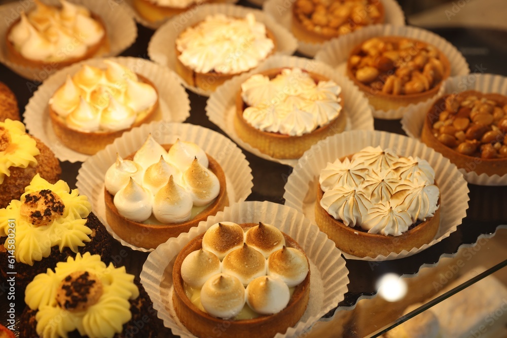 Different tasty tartlets on counter in bakery shop, closeup