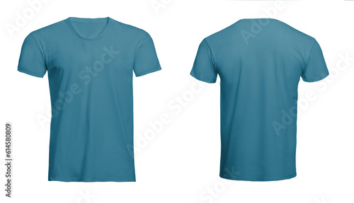Front and back views of light blue men's t-shirt on white background. Mockup for design