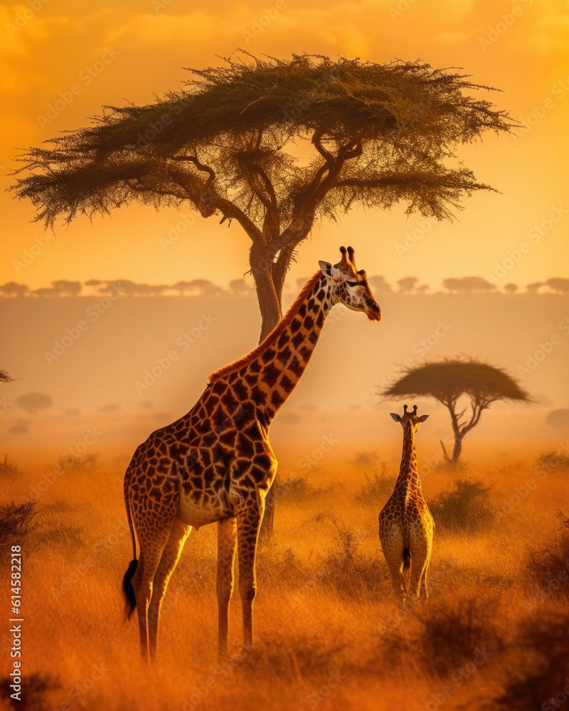 Giraffe under the acacia tree in Serengeti national Park