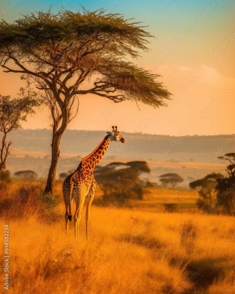 Giraffe under the acacia tree in Serengeti national Park