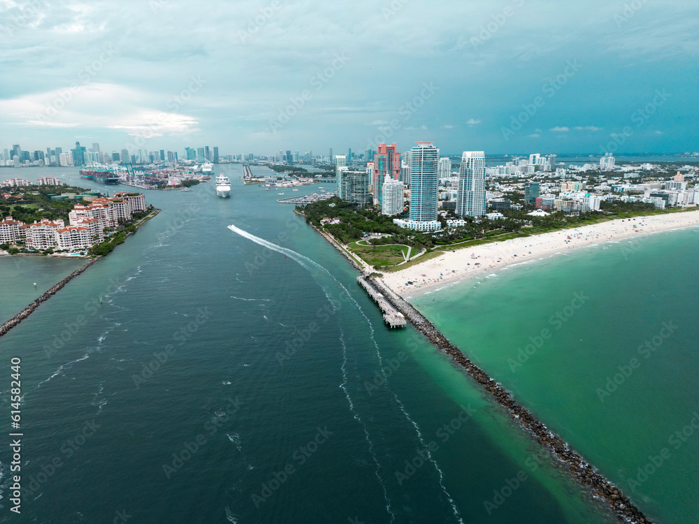 Miami Beach city skyline panorama. Miami city, Florida skyline. South Point Park in Miami Beach, aerial view. Beach coast of Miami Beach.