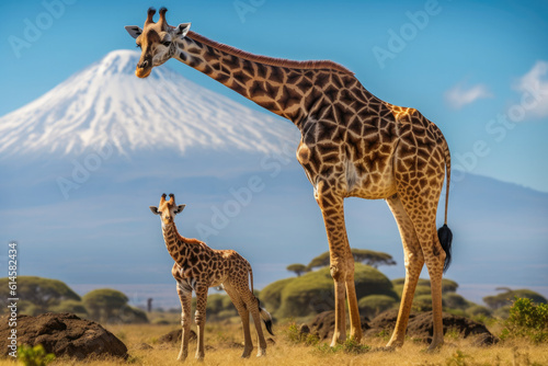 Giraffe with the backdrop of Mount Kilimanjaro 