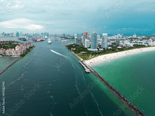 Miami Beach city skyline panorama. Miami city, Florida skyline. South Point Park in Miami Beach, aerial view. Beach coast of Miami Beach. © Volodymyr