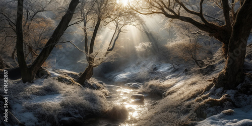 Unfrozen mountain stream in winter sunny forest. Generative AI